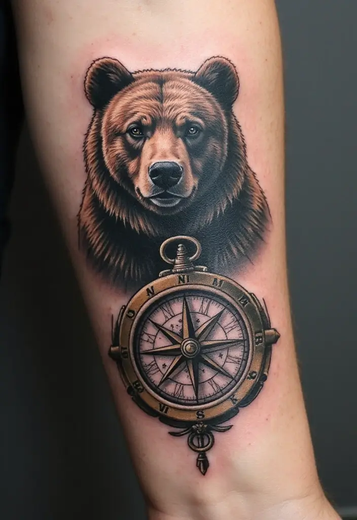 30 Bear Shoulder Tattoo Inspirations with Power and Strength - 20. Bear with a Compass
