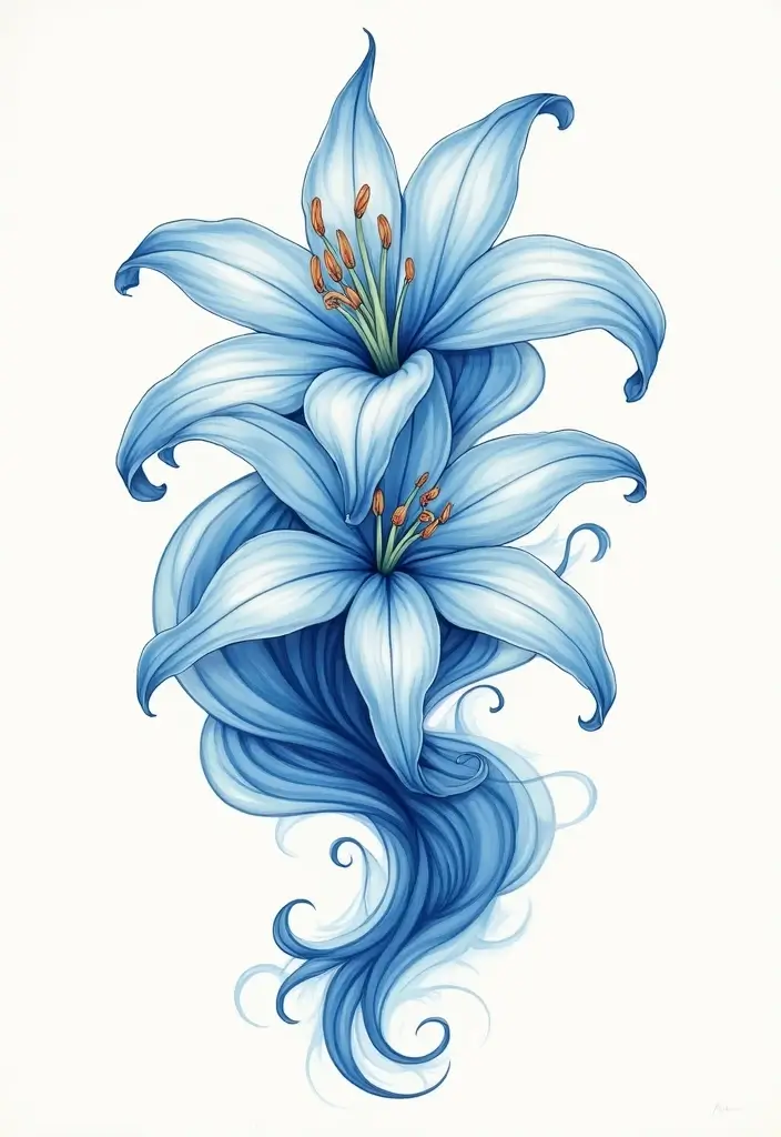30 Blue Lily Tattoo Designs That Look Elegant - 20. Blue Lily with Waves
