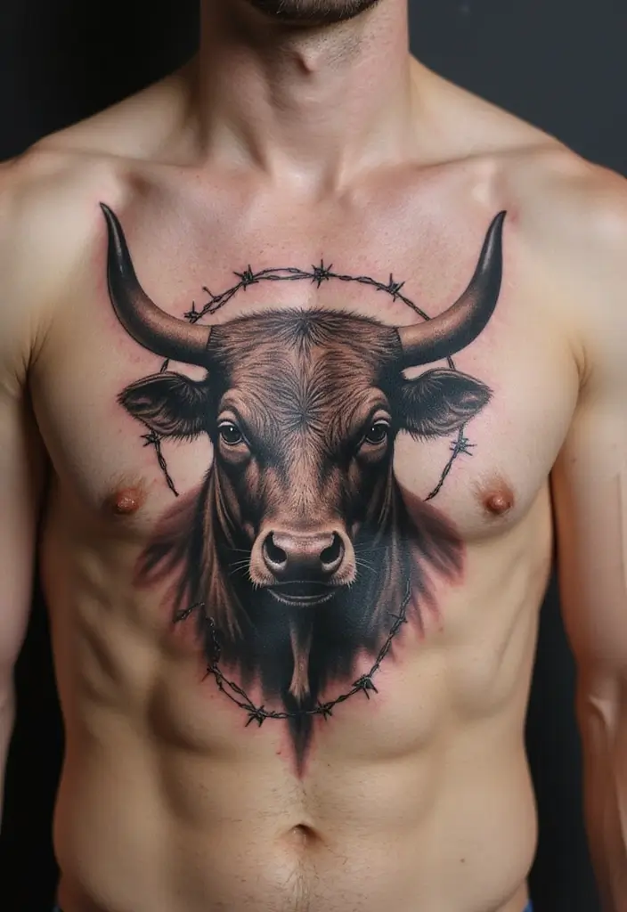 30 Bull Tattoo Chest Ideas Full of Strength - 20. Bull with Barbed Wire