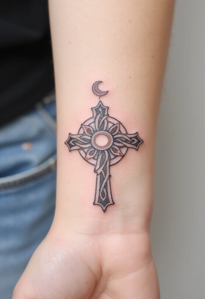 30 Celtic Cross Tattoos with Deep Spiritual Significance - 20. Celtic Cross with a Crescent Moon