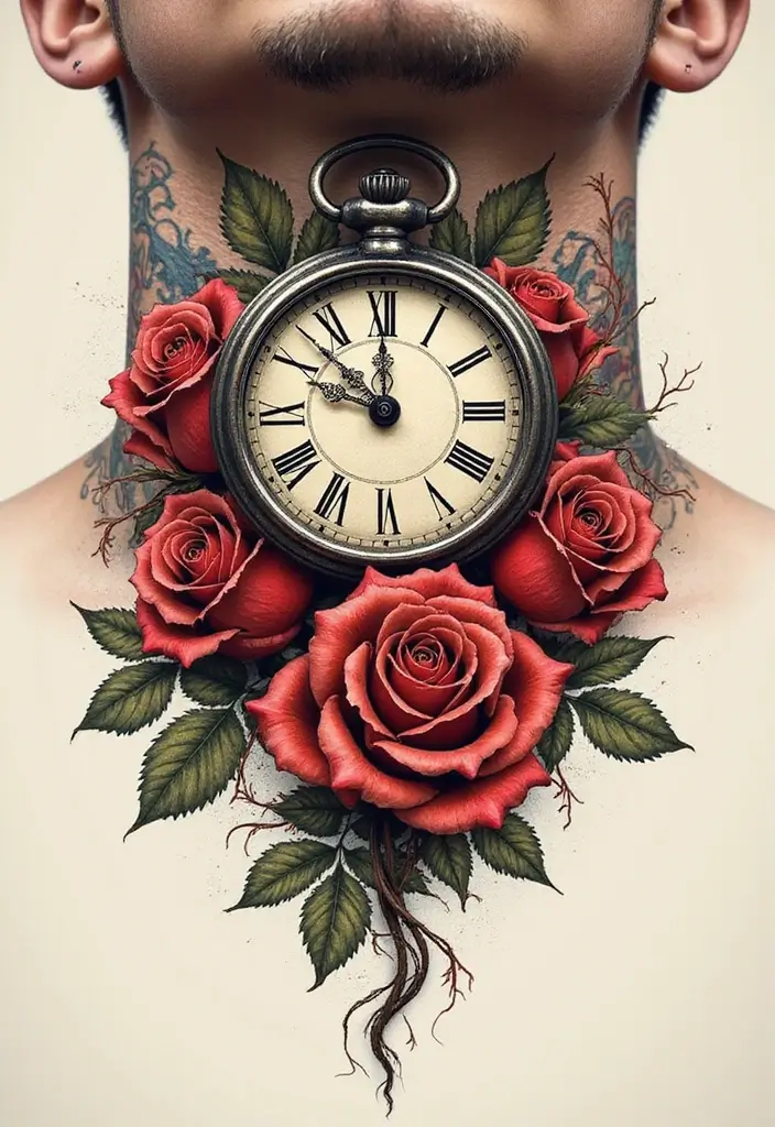 30 Clock and Rose Tattoos That Symbolize Time and Love - 20. Clock and Rose Neck Tattoo