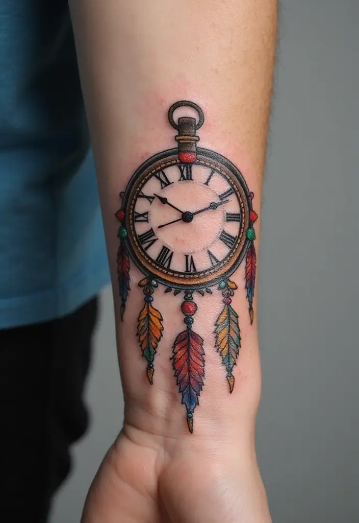 30 Clock Tattoo on Hand Ideas That Stand the Test of Time - 20. Clock with Dreamcatcher Elements