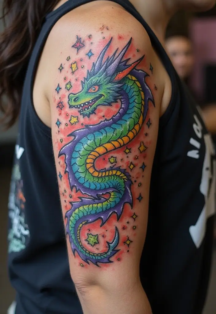 30 Colorful Arm Tattoos That Pop with Style - 20. Fantasy Realms