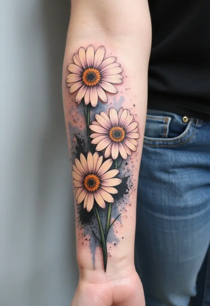 30 Colorful Daisy Tattoo Inspirations Full of Joy - 20. Daisies with a Splash of Ink