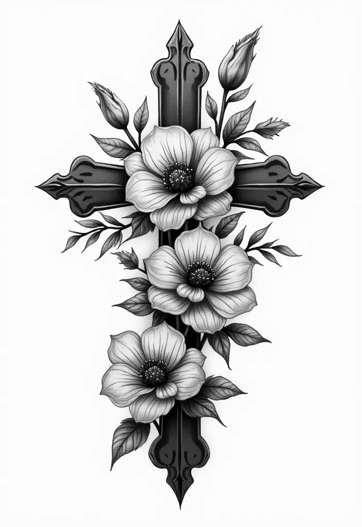 30 Cross with Flowers Tattoo Ideas That Blend Faith and Beauty - 20. Cross with Black and White Flowers