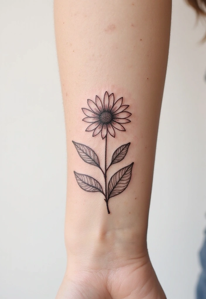 30 Daisy April Birth Flower Tattoo Designs You’ll Love - 20. Minimalist Daisy with Leaves
