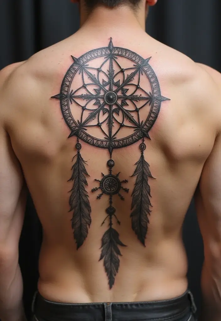 30 Dream Catcher Tattoo Ideas for Men with Protective Energy - 20. Dream Catcher and Compass