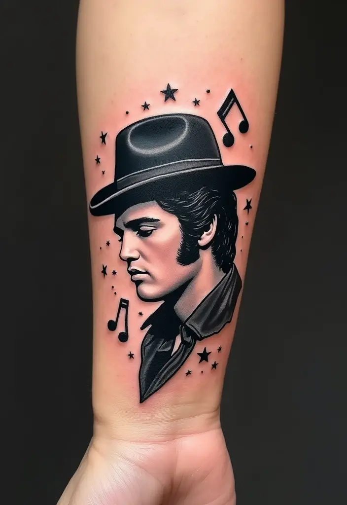 30 Elvis Silhouette Tattoo Ideas for Rock Legends - 20. Elvis in a Cool Hat