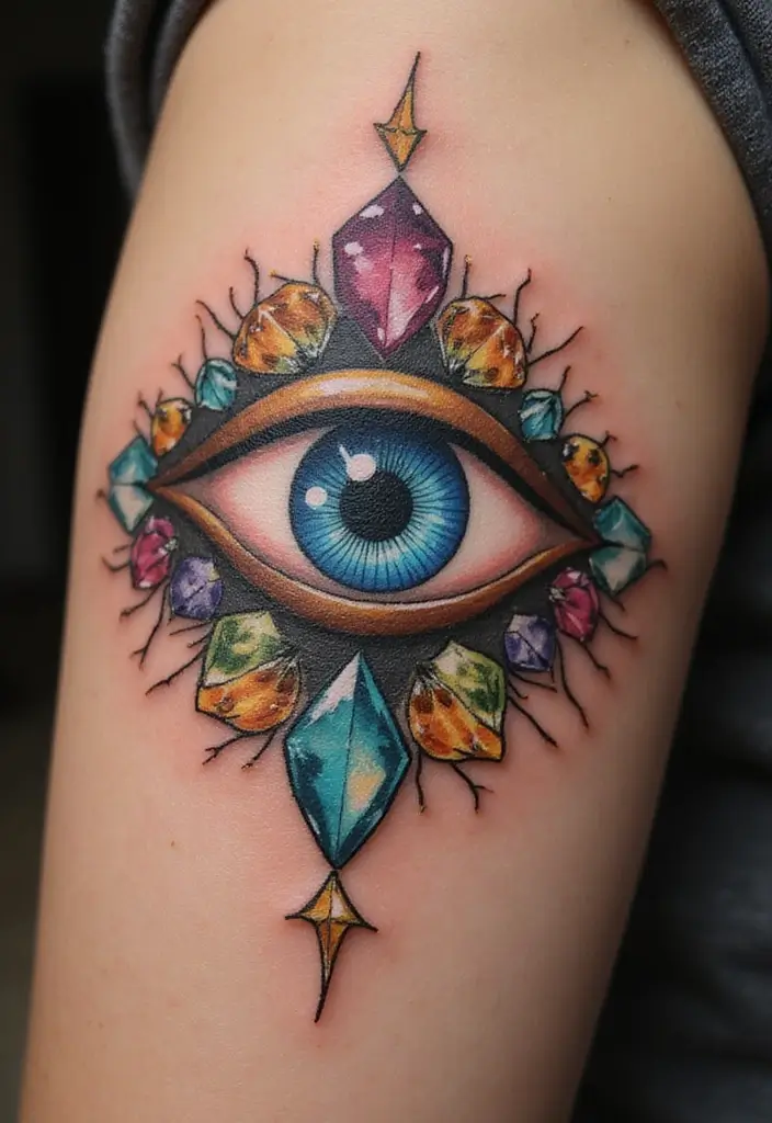 30 Evil Eye Tattoo Designs for Protection and Style - 20. Evil Eye with Gemstones