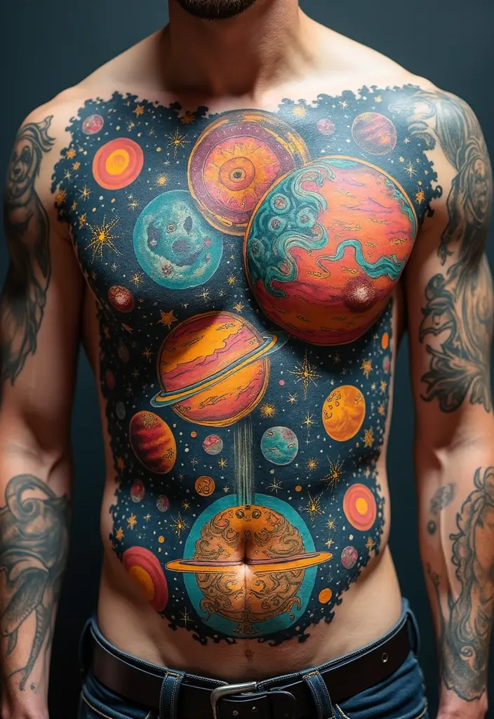 30 Full Chest Tattoos for Men with Powerful Visual Impact - 20. Celestial Themes