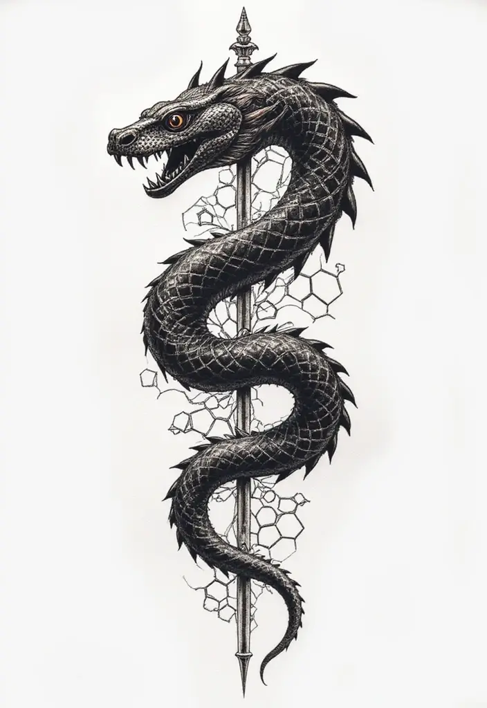30 Geometric Snake Tattoo Ideas with Unique Patterns - 20. Twisting Snake with Hexagonal Patterns