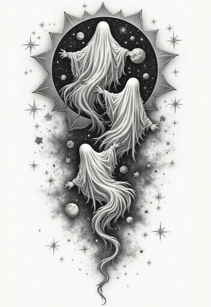 30 Ghost Tattoo Meanings and Designs with Spooky Style - 20. Cosmic Spirits