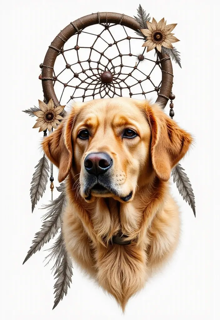 30 Golden Retriever Memorial Tattoos Honoring Beloved Pets - 20. Golden Retriever with a Dreamcatcher