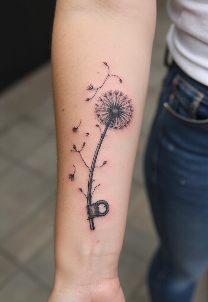 30 Key Lock Tattoo Ideas Symbolizing Love and Mystery - 20. Dandelion Key Lock