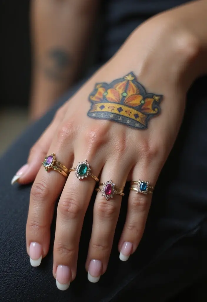 30 King and Queen Tattoos Finger Designs for Couples - 20. Crown with Gemstones