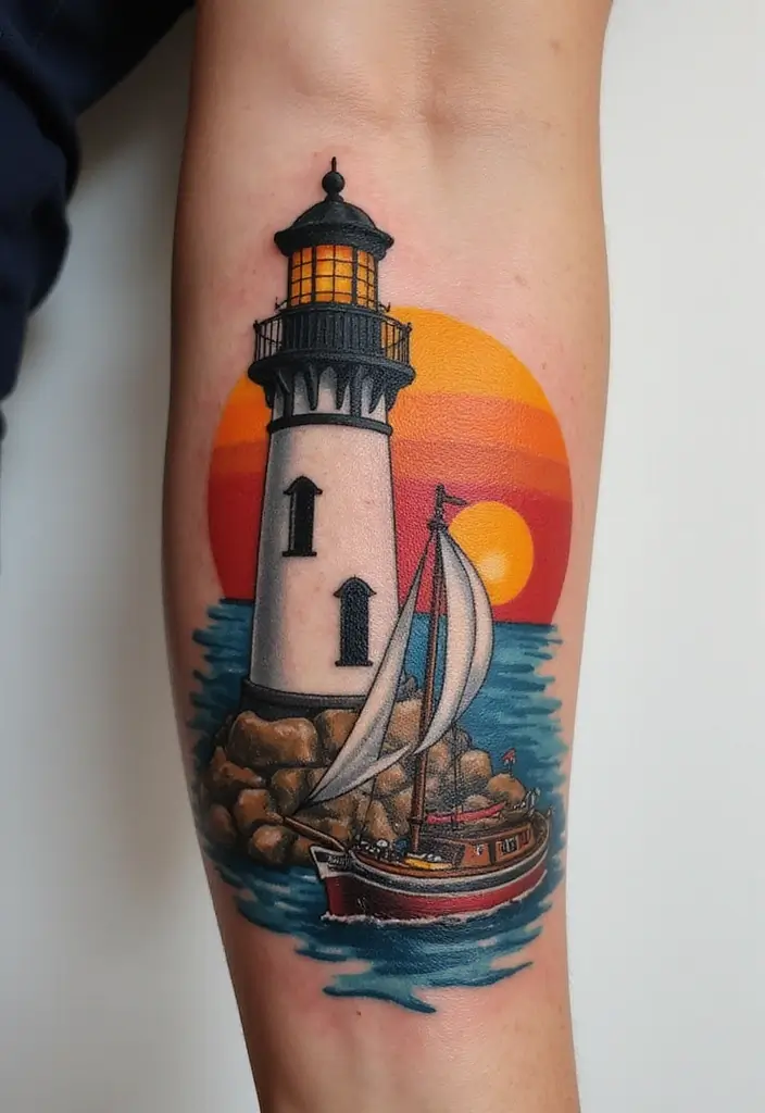 30 Lighthouse Forearm Tattoo Ideas That Guide the Way - 20. Lighthouse with a Sailboat
