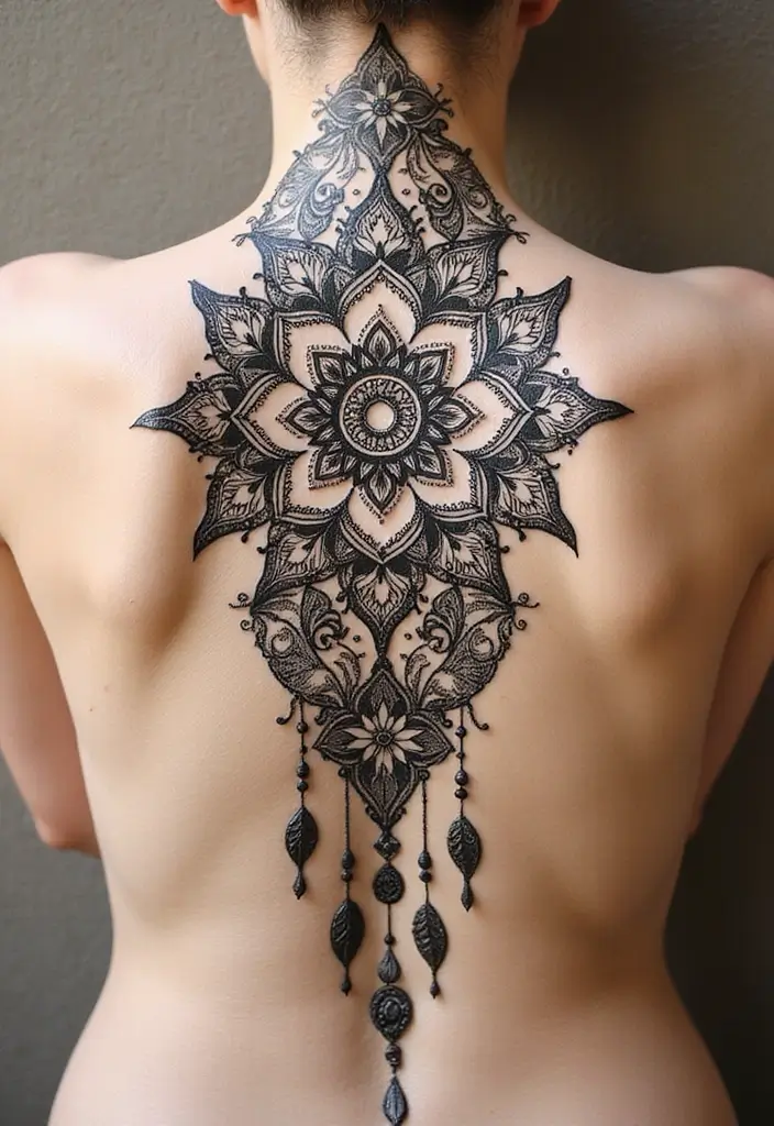 30 Mandala Tattoo Ideas with Spiritual and Geometric Beauty - 20. Mandala on the Spine