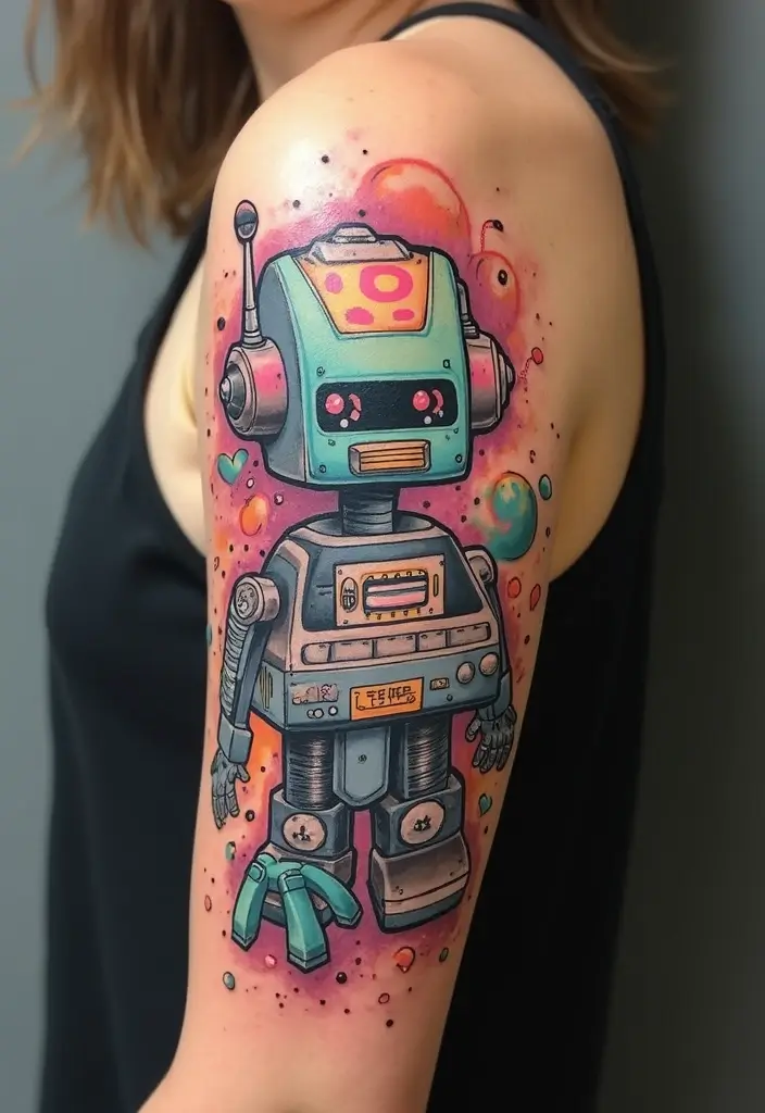 30 Futuristic Mech Tattoo Inspirations for Sci-Fi Fans - 20. Retro Mech Tattoo