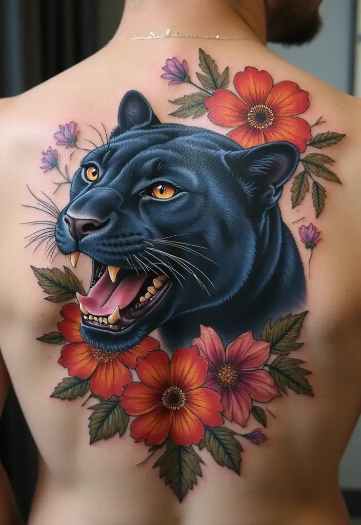 30 Panther Tattoo Designs That Represent Power and Mystery - 20. Panther with Flowers