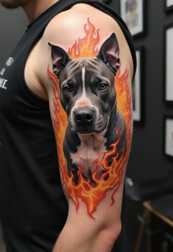 30 Pitbull Tattoo Designs Celebrating Strength and Loyalty - 20. Pitbull and Fire