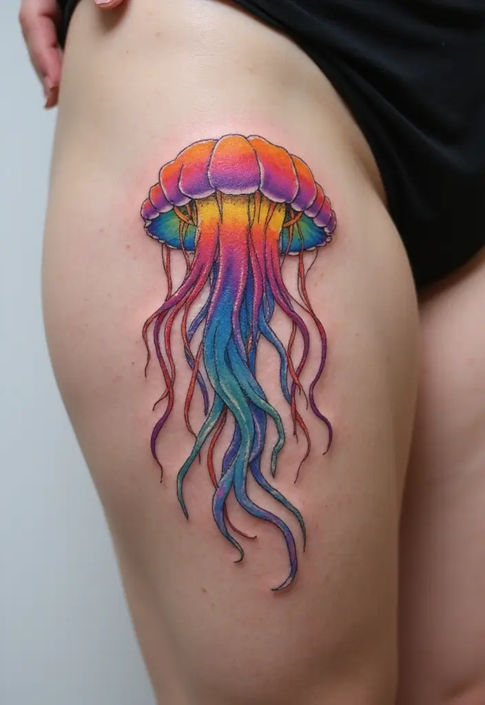 30 Rainbow Tattoos That Symbolize Hope and Diversity - 20. Rainbow Jellyfish Tattoo