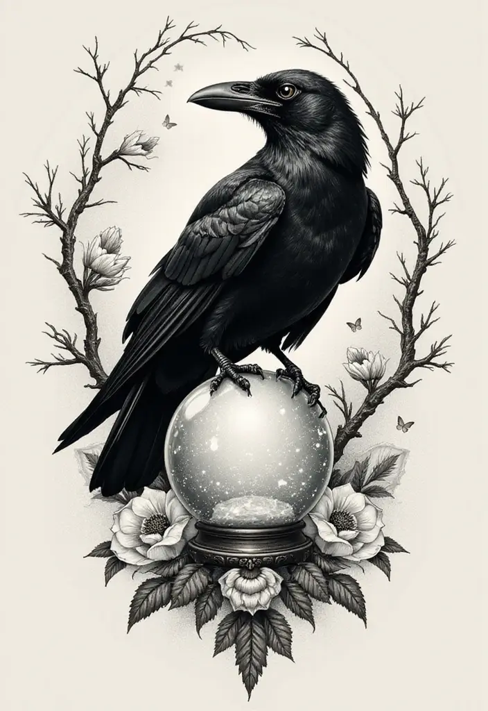 30 Raven Tattoo Shoulder Designs That Look Powerful - 20. Raven with a Crystal Ball