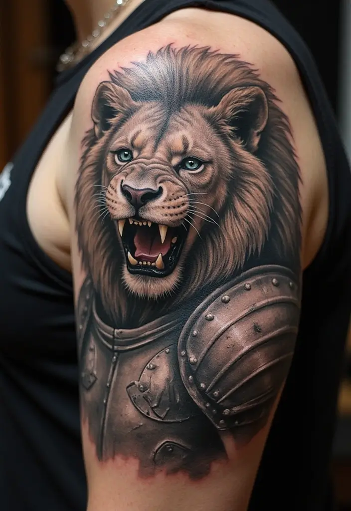 30 Roar Lion Tattoo Inspirations That Show Strength - 20. Lion with Armor: Warrior Spirit