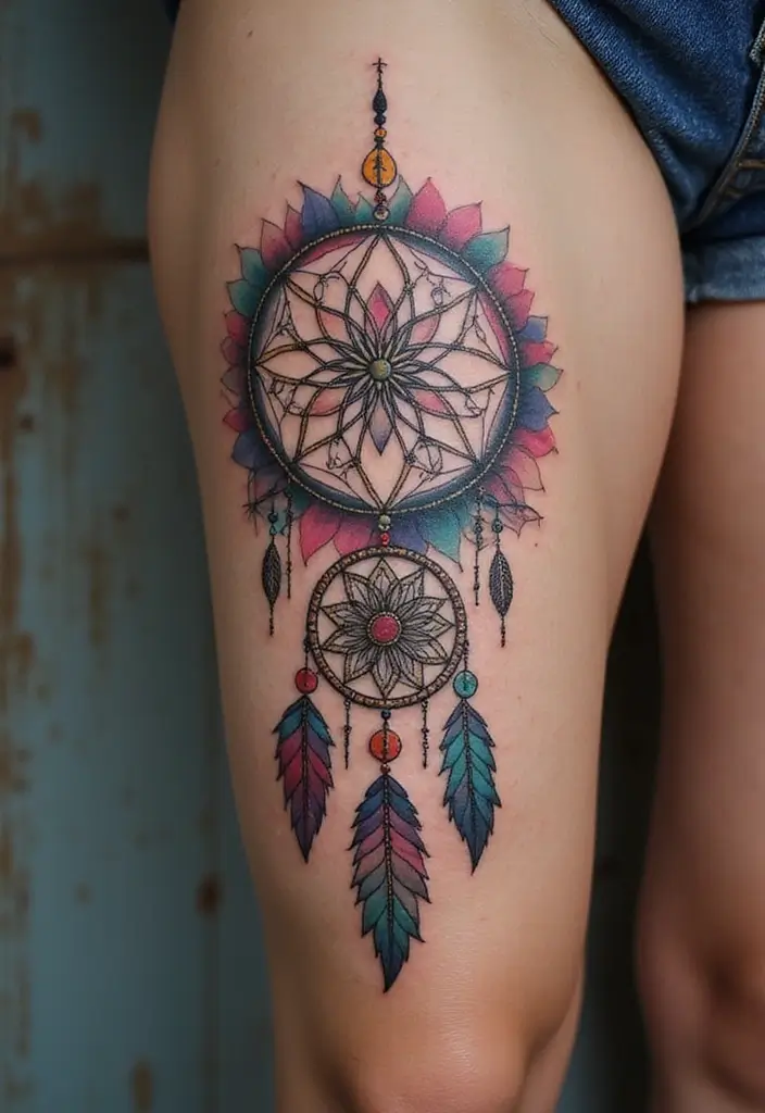 30 September Birth Flower Tattoo Ideas with Meaning - 20. Aster with Dreamcatcher