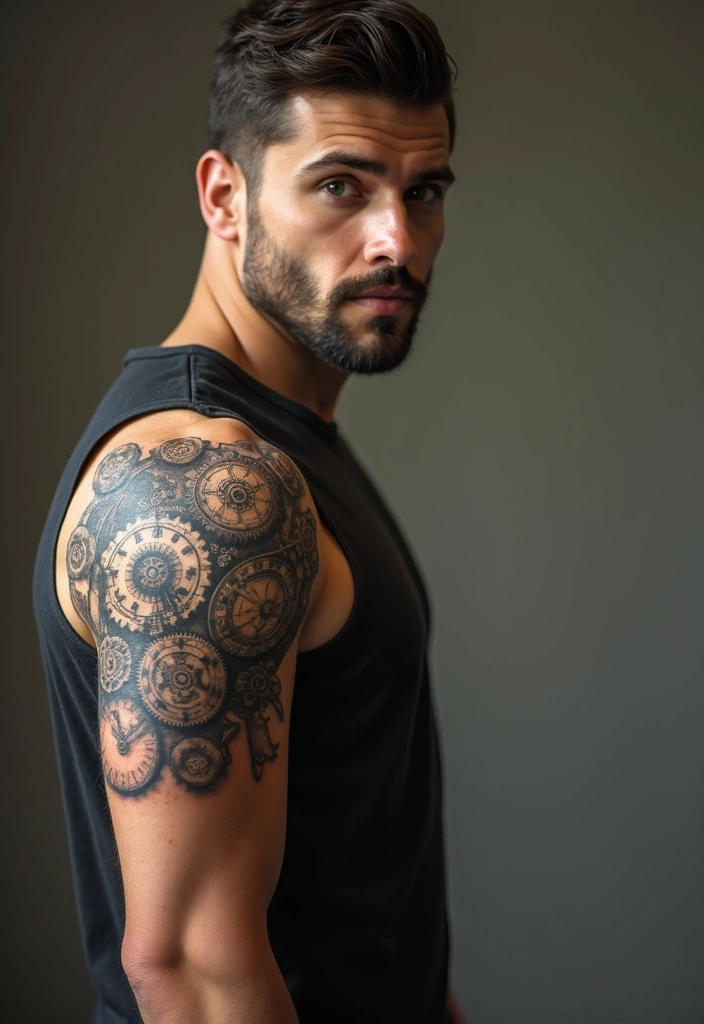 30 Shoulder Tattoos for Men with Meaningful Designs - 20. Clock: Time and Legacy