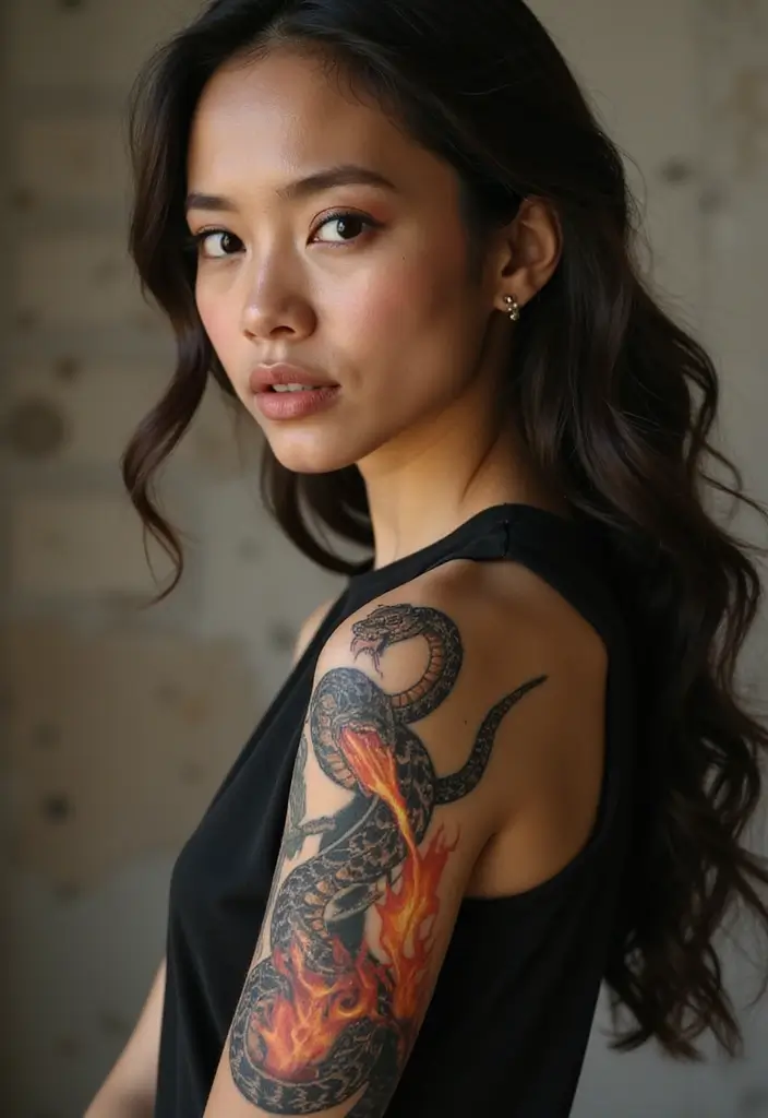 30 Snake Body Tattoo Designs That Look Striking - 20. Snake Breathing Fire