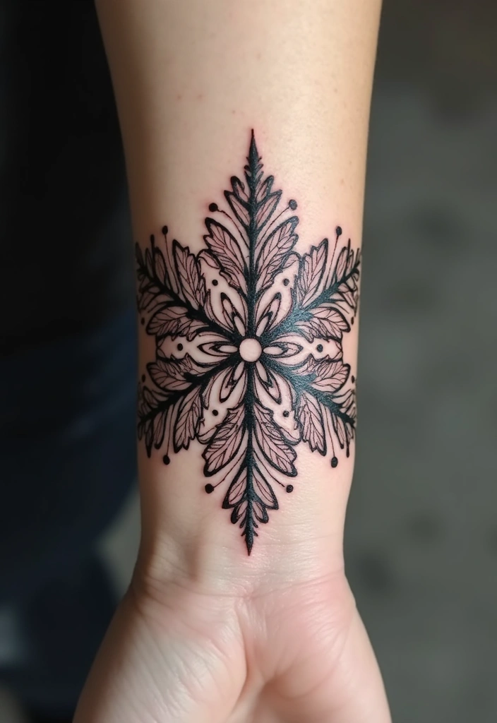 30 Snowflake Tattoo Ideas with Delicate and Unique Patterns - 20. Detailed Lace Snowflake