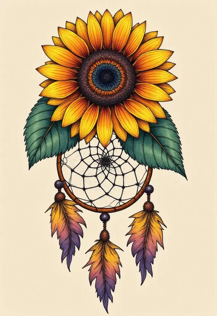 30 Sunflower and Quote Tattoo Ideas Full of Positivity - 20. Sunflower and Dreamcatcher with 'Dream On'