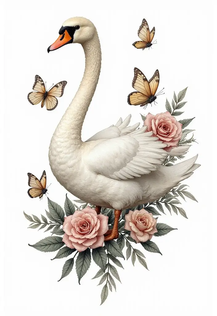 30 Graceful Swan Tattoo Ideas for a Timeless Look - 20. Swans with Butterflies