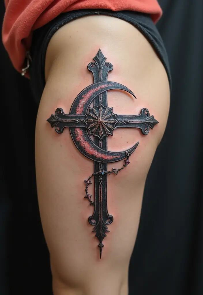 30 Tattoo Cross 3D Designs That Look Realistic - 20. Cross with a Crescent Moon