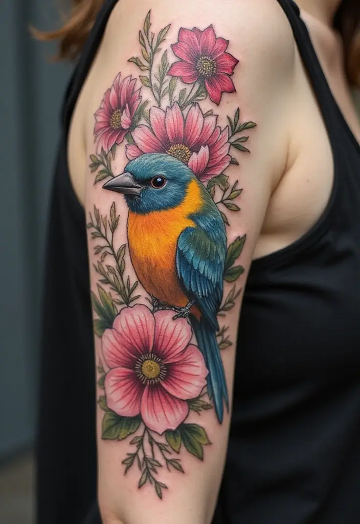 30 Upper Arm Tattoo Ideas for Bold Placement Choices - 20. Floral and Fauna Combinations