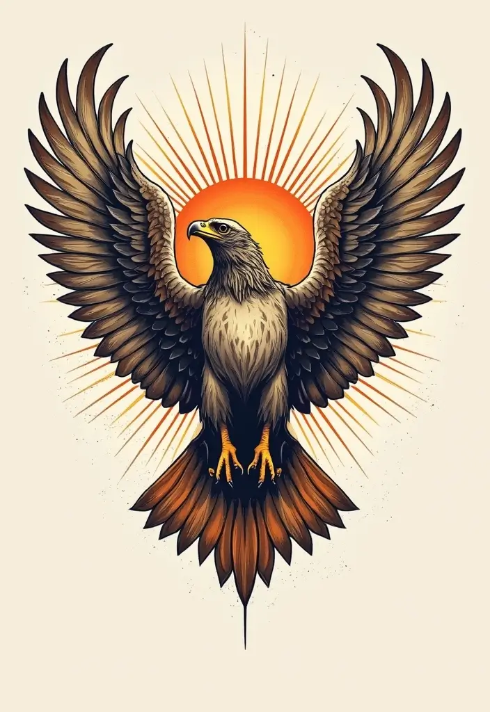 30 Hawk Tattoo Designs That Represent Vision and Strength - 20. Hawk with Sunburst