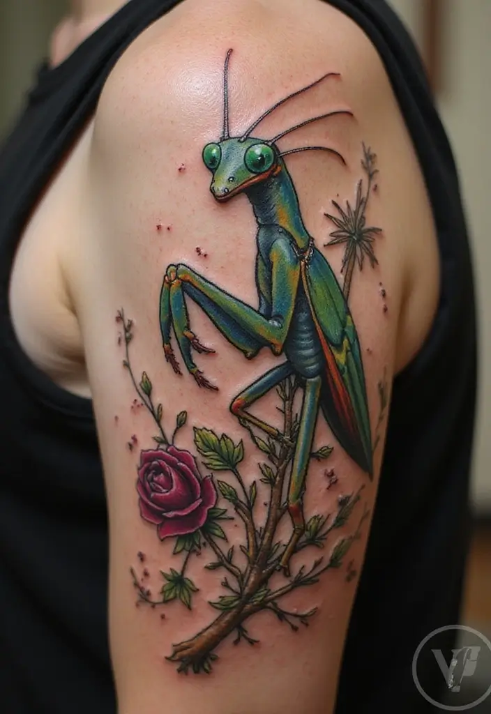 30 Traditional Praying Mantis Tattoo Ideas You’ll Love - 20. Realism with Fantasy Elements