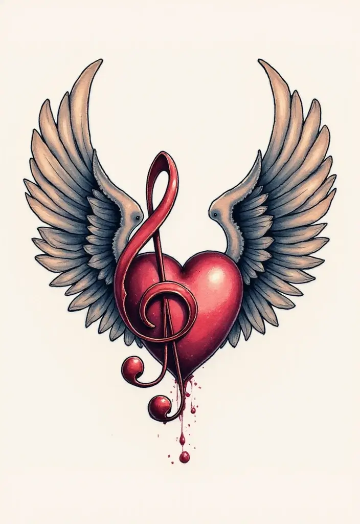 30 Treble Clef and Bass Clef Heart Tattoo Ideas for Music Lovers - 21. Clef Heart with Wings