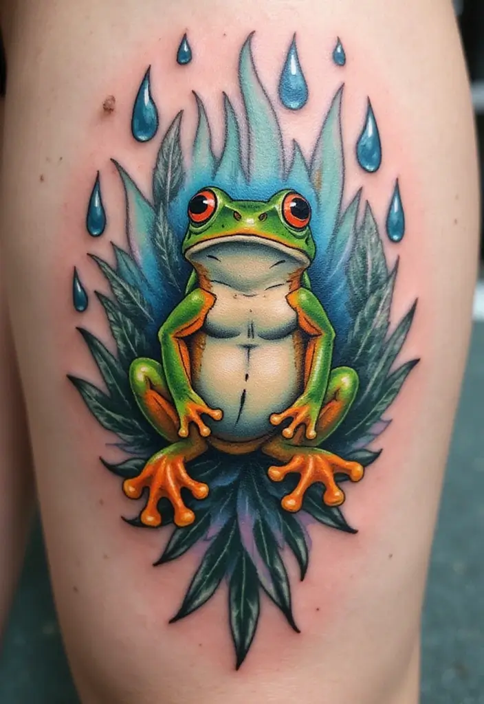 30 Tree Frog Tattoos with Playful and Unique Vibes - 20. Tree Frog and Rain Drops