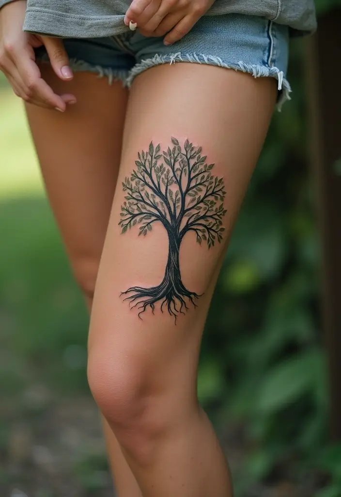 30 Tree Leg Tattoo Designs for Nature-Inspired Ink - 20. Tree with Inspirational Quote