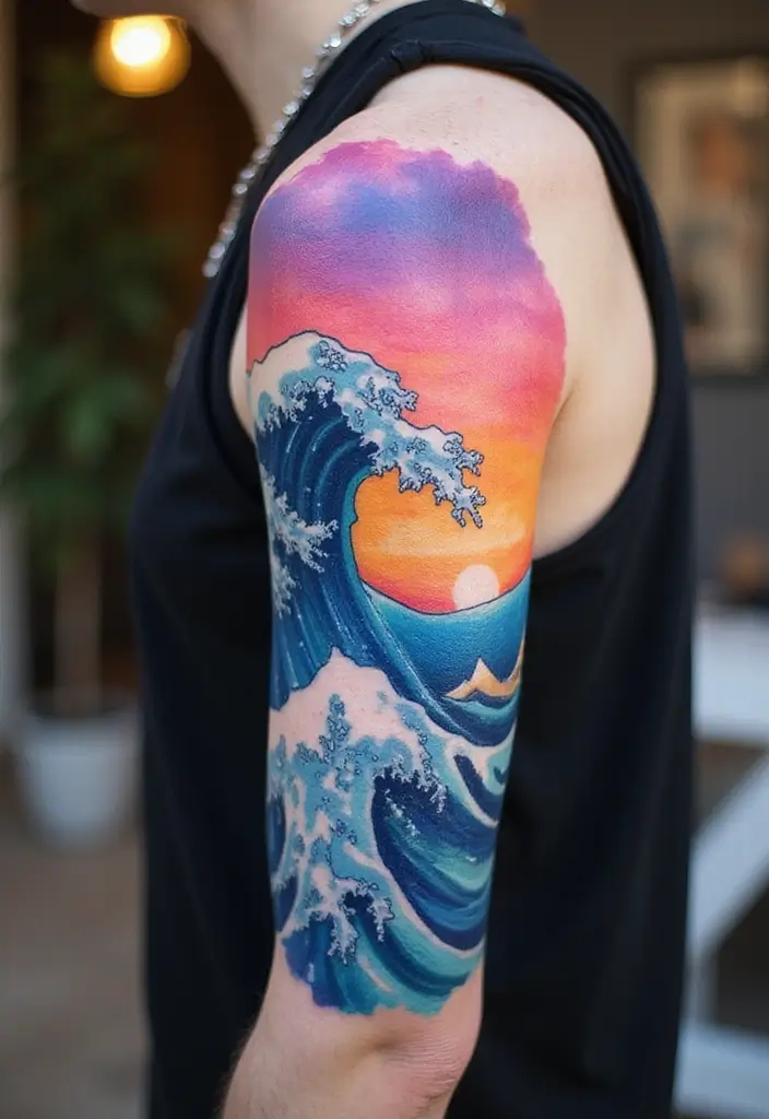 30 Wave Tattoo Sleeve Ideas That Make a Bold Statement - 20. Multi-Color Wave Patterns