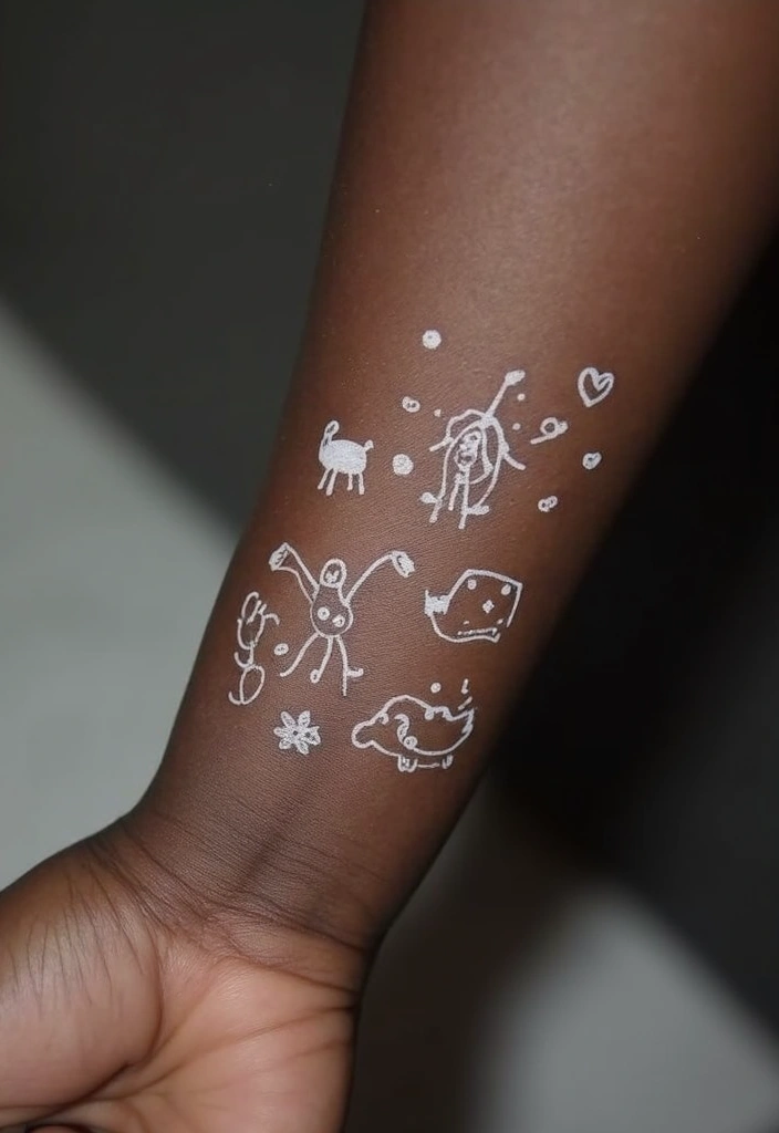 30 White Ink Tattoo Ideas on Dark Skin That Stand Out - 20. Childlike Art