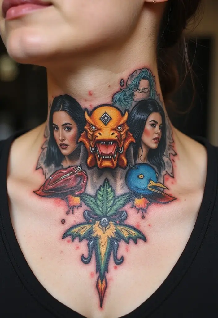 30 Women's Throat Tattoos That Are Edgy and Elegant - 20. Pop Culture References
