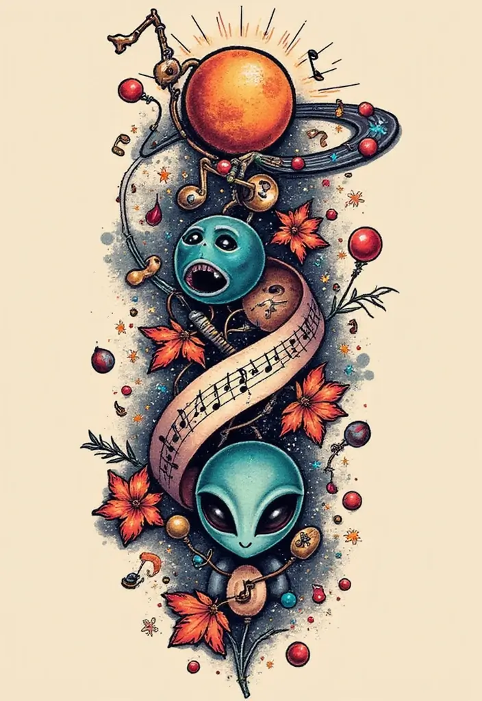 30 Alien Tattoo Meaning and Out-of-This-World Designs - 21. Alien Music