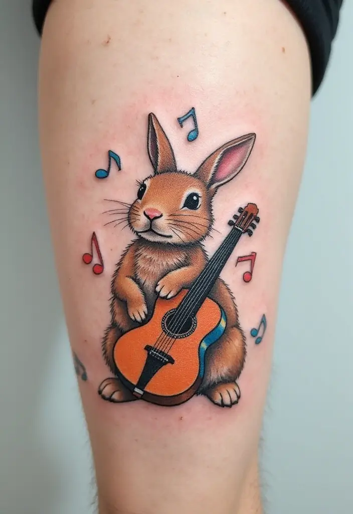 30 American Traditional Rabbit Tattoo Inspirations - 21. Rabbit and Music