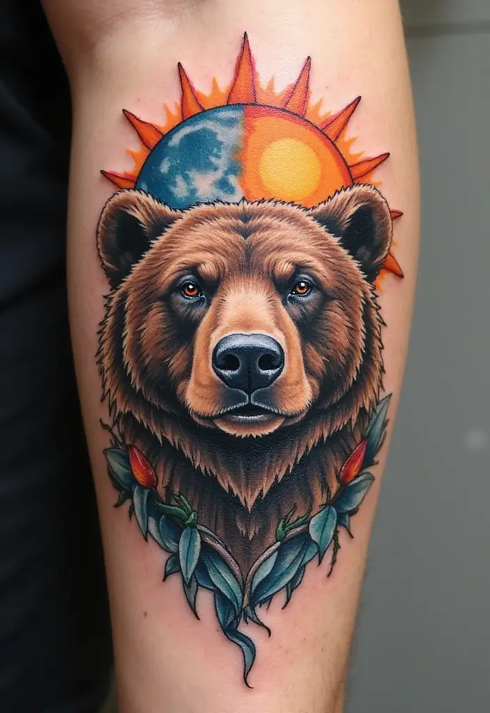 30 Bear Shoulder Tattoo Inspirations with Power and Strength - 21. Bear with Sun and Moon