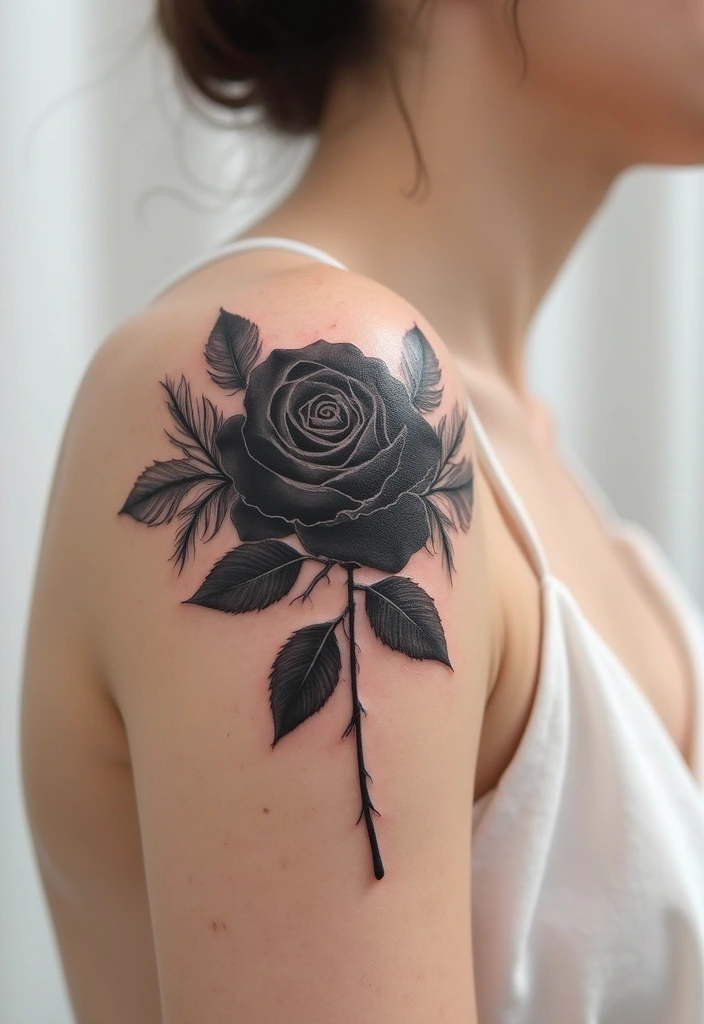 30 Black Rose Tattoo Meaning and Design Inspirations - 21. Black Rose with Feather Elements