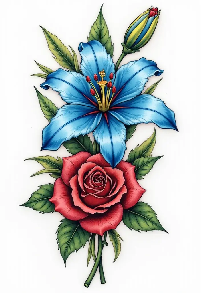 30 Blue Lily Tattoo Designs That Look Elegant - 21. Blue Lily with a Rose
