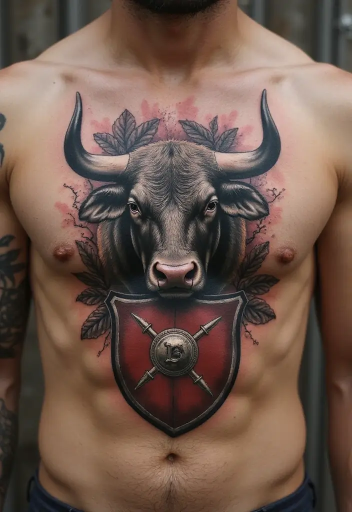 30 Bull Tattoo Chest Ideas Full of Strength - 21. Bull and Shield