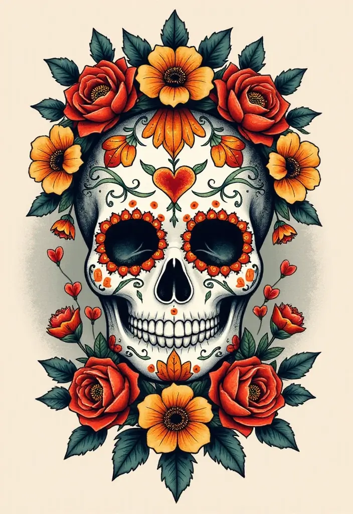 30 Calavera Tattoo Inspirations for Day of the Dead - 21. Vintage Floral